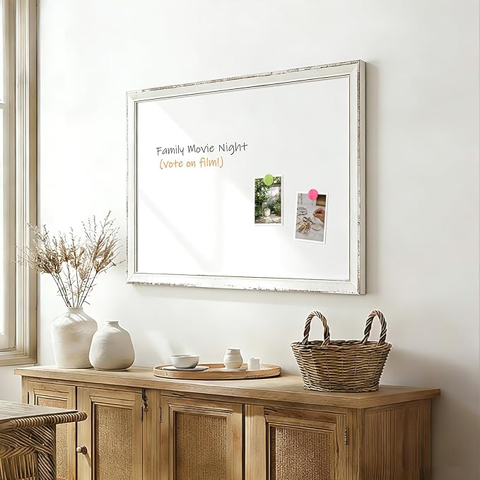 White Board for Wall, 24" x 18" Magnetic Dry Erase Board, Vintage Wooden Frame Decorative Whiteboard, Wall Mounted, White-Washed, Aesthetic Writing Board for Home, Office, School