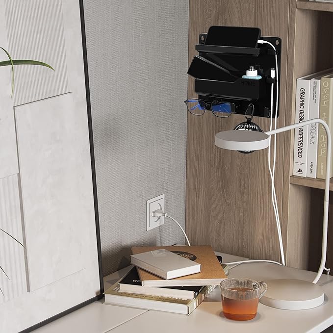 Wall Mount Shelf Organizer, Adhesive Bedside Shelf Accessories with Hooks and Cable Clips, Dorm Room Wall Storage for Phone, Remote, Earphone, Kindle, Plastic(Black)