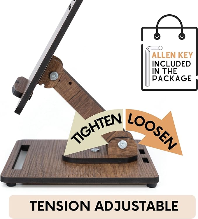 Vigo Wood Book Stand for Reading 360° Adjustable, Wooden Laptop Stand, Cookbooks Holder, Music Scores, Featuring Multi-Height Angles and Foldable Design with Page Clips.