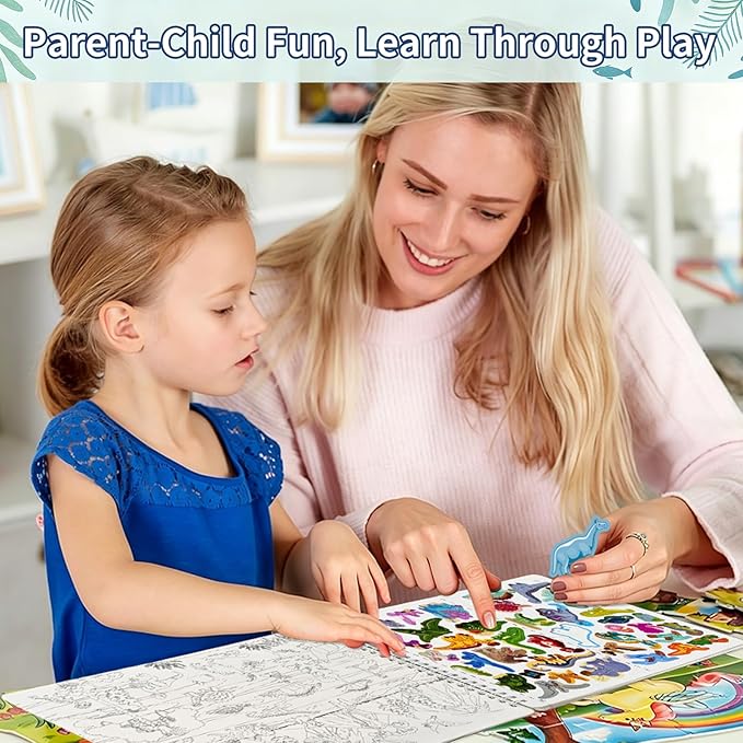Elfew Search and Find Sticker Book for Kids Ages 3-8, Dinosaur and Ocean Animal Sticker Activity Book for Kids with 20 Theme, Over 400+ Stickers, Toddler Educational Travel Toys