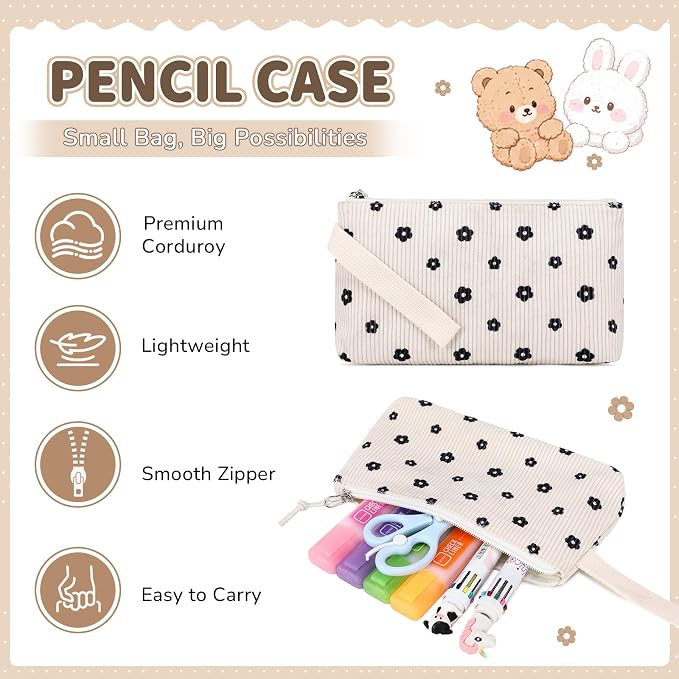 PIG PIG GIRL Corduroy Backpack 3PCS Kids Backpack for Girls School Bags for Middle School Students Book Bag for Elementary Primary Kawaii Ita Backpack with Lunch Box Pencil Case Set, Flower