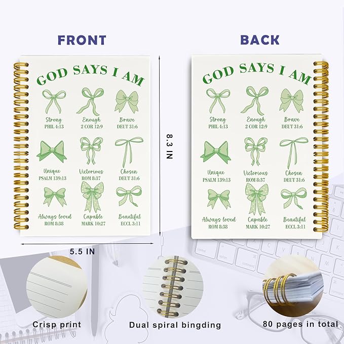 Bible Journal for Women, Christian Prayer Journal Sage Green Notebook Gifts For Teen Girls Kids, Bible Study Supplies,Coquette Preppy Bows Cute Church Faith Journaling Hardcover Spiral Notebook 5.5 X 8.3