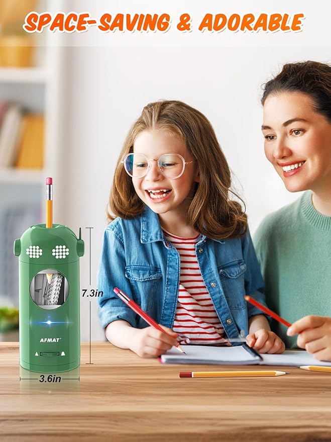 AFMAT Electric Pencil Sharpener Fully Automatic, Colored Pencil Sharpeners for 7-11.5mm Pencils, Rechargeable Hands-Free Robot Sharpener for Classroom, Home, Office, Battery Operated, PSX5EW, Green