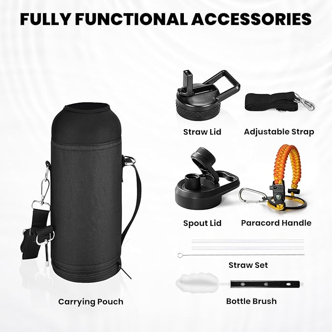 RAYMYLO Insulated Water Bottle 40 oz, Triple Wall Vacuum Stainless Steel (Cold for 36Hrs, Hot for 18Hrs), Leak Proof & Non-BPA, Modern Water Flask Jug with Paracord Handle & Straw Spout Lids