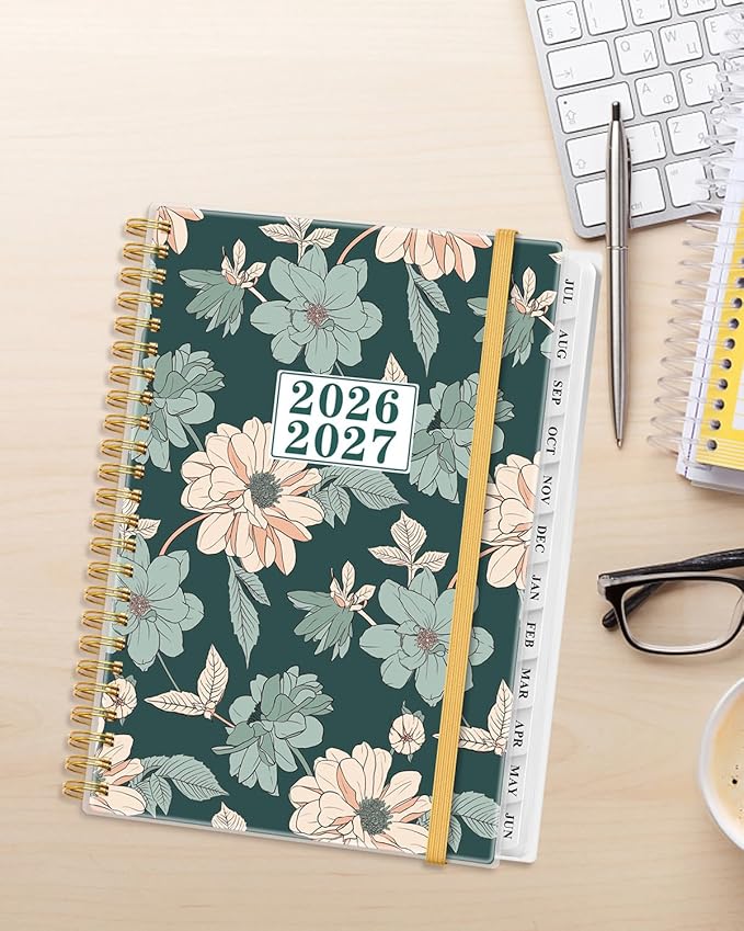 Planner 2026-2027 - Academic Planner from July 2026 to June 2027, Weekly & Monthly Planners Spiral Bound with 12-Month Tabs, Inner Pocket, 6.25" x 8.5", Green Flower