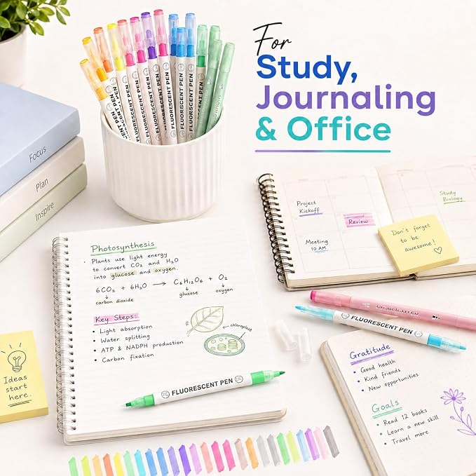 Highlighters, 24 Assorted Colors Highlighters Pens, Broad and Fine Tips Pastel Highlighter Marker Pens, Bible Highlighters No Bleed for Journaling, Students School Office Stationery | Dual Tip Chisel & Fine Point Bible Highlighters Pastel & Vibrant Sha...