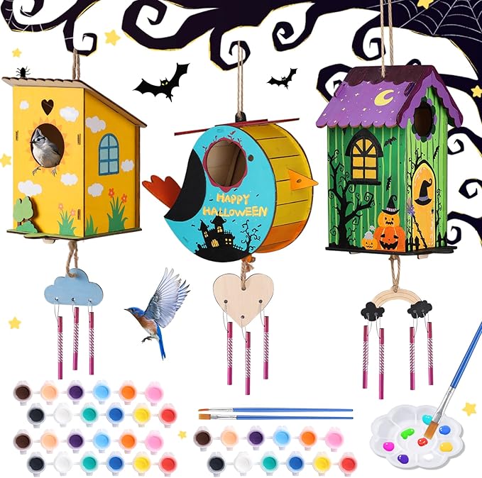 JMMICO 3 Pack Bird Houses Kits for Kids, Wooden Painting Arts and Crafts for Kids Ages 8-12, Build & Paint Your Own Bird Houses and Wind Chime Kits, Toddlers Easter Gifts for Girls Boys