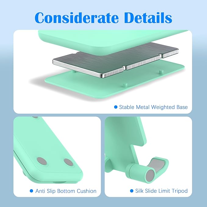 Cell Phone Stand, Adjustable Angle and Height Cell Phone Holder for Desk, Foldable and Portable, Anti-Slip Silicone Pad, Compatible with All Mobile Phones and 4-8 Inch Devices, Green