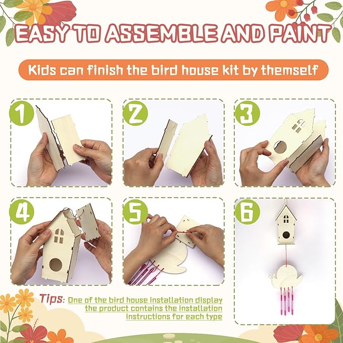 DoodleDoo 8 Pack Bird House & Wind Chime Kits, Buildable Birdhouse DIY Crafts for Kids Ages 4-8 8-12, 3+ Summer Arts and Craft for Children Boy Girl to Build, Valentine's Day Gift
