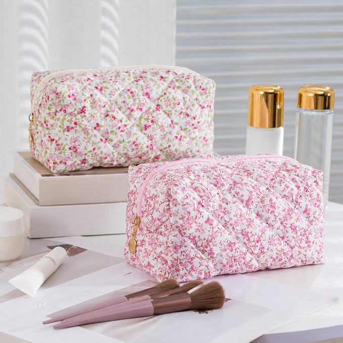 Makeup Bag Travel Toiletry Bag for Women, Small Cosmetic Bags Cute Quilted Cotton Makeup Pouch for Purse Emergency Bag Pencil Case Accessory Bag, Baby Pink