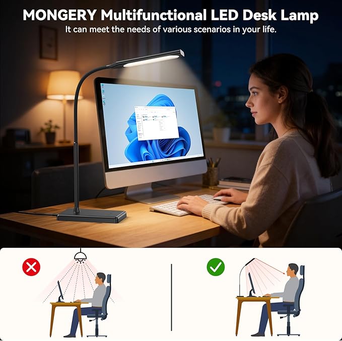 LED Desk Lamp 12W Touch Control Desk Lamp with USB Charging Port 5 Color Modes 6 Brightness Levels Eye-Caring Office Lamp with Memory Function 1h Timer Adjustable Neck Table Lamp