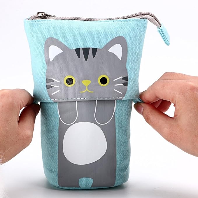 Telescopic Pencil Pouch Standing Pen Holder Cute Bags Stand Up Case Cartoon Storage Box Canvas+PU Stationery Organizer Makeup Bag With Zipper Closure (Blue)