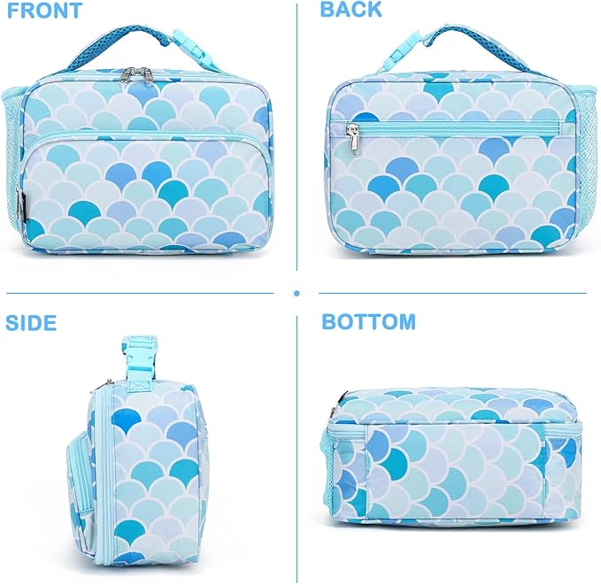 FlowFly Kids Lunch box with buckle Insulated Cooler Back to School Thermal Meal Tote Kit for Girls, Boys (Mermaid)
