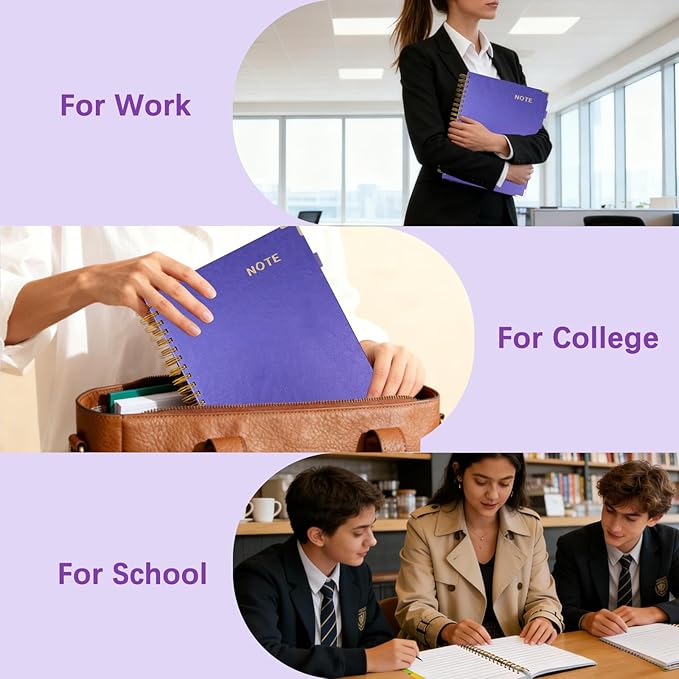 Hardcover Spiral Notebooks for Work 8.5''x 11'', 300 Pages 5 Subject Notebook with Dividers & Tabs, A4 Spiral Journal for Women, College Ruled Notebooks for School Note-Taking (Purple)
