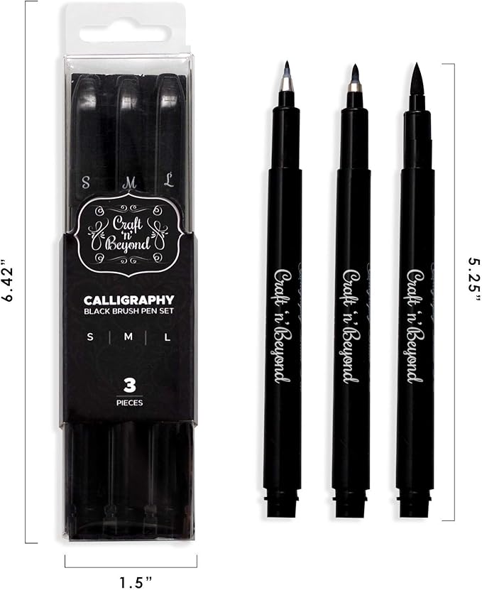 Craft 'n' Beyond Calligraphy Brush Pens Pack of 3 Small, Medium and Large Markers for Hand Lettering, Art Drawing, Sketching, Scrapbooking, Writing, Journaling - Beginner Kit with Fadeproof Black Ink