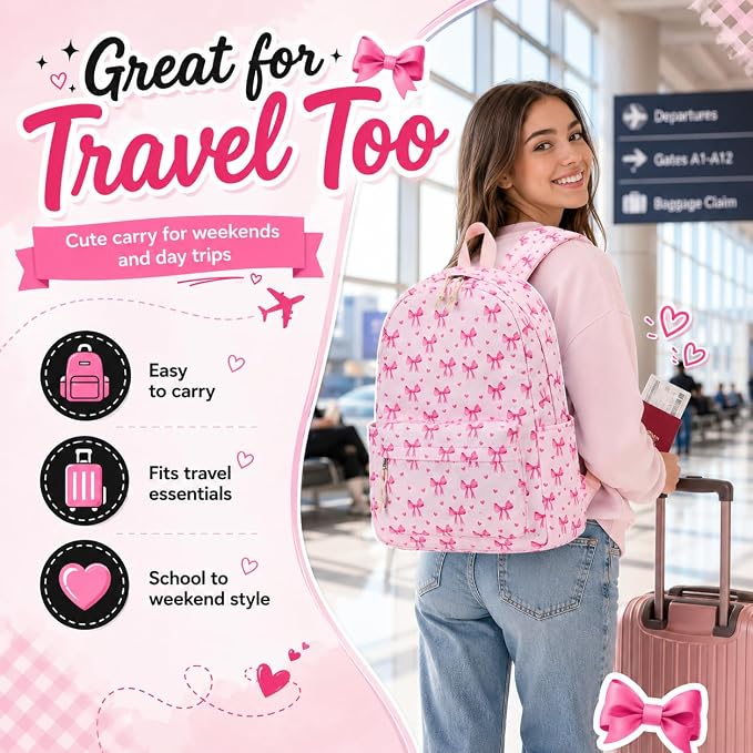 LOIDOU Backpack for Girls School Backpacks Bookbags for Elementary Middle School Women Laptop Backpacks (Bow Tie Pink, L-17)