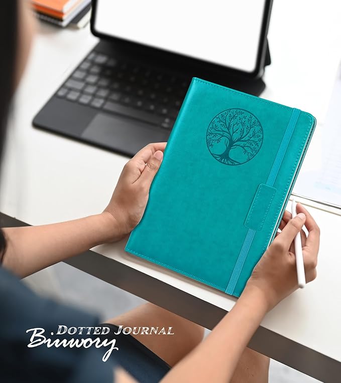 Biuwory Dotted Journal Notebook for Women Men, 140 Pages Hardcover Dot Grid Notebooks for Work, School & Travel, Leather Journals for Writing, Bullet Journaling 5.7"×8.3" (Blue)