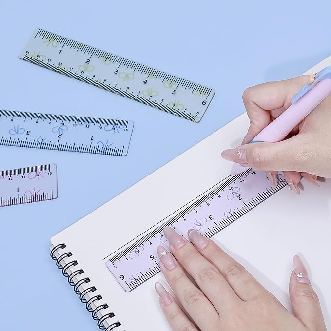 BAYTORY 4Pcs Transparent Acrylic Ruler 6 Inch, Clear Plastic Straight Rulers, Shatterproof Student Stationery Centimeters with Inches, for Classroom Essentials School Supplies (Bowknot 6 Inch)