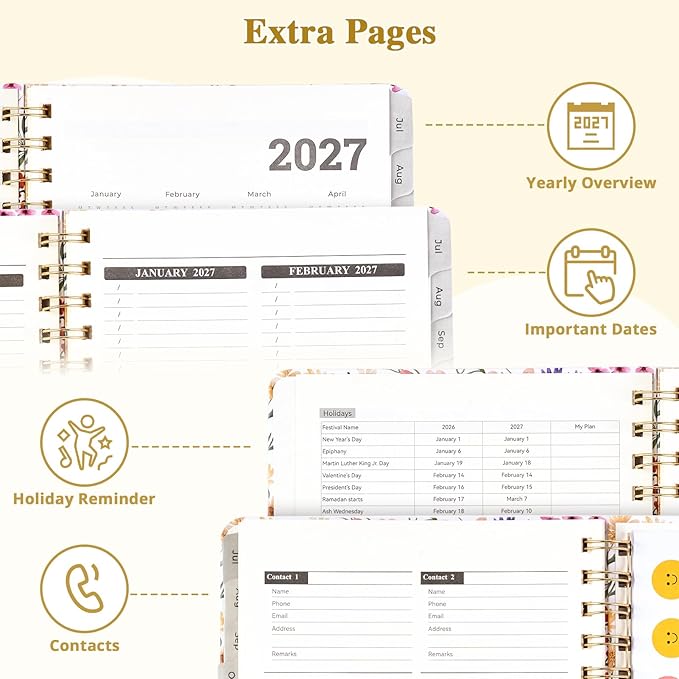 JoyCat 13-Month Academic Planner 2026-2027, June 2026 - June 2027, A5 Weekly & Monthly Planner, Hardcover Agenda with Tabs, 5 Sticker Sheets, Elastic Closure & Pocket for Teachers & Students, 6.3" x 8.5", Wildflower