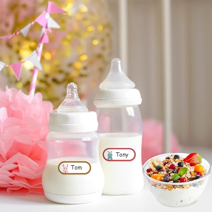 480 Pcs Baby Bottle Labels for Daycare, Waterproof Name Labels Self-Laminating, School Name Labels for Kids Name Tags Stickers(Cute Animal Style)