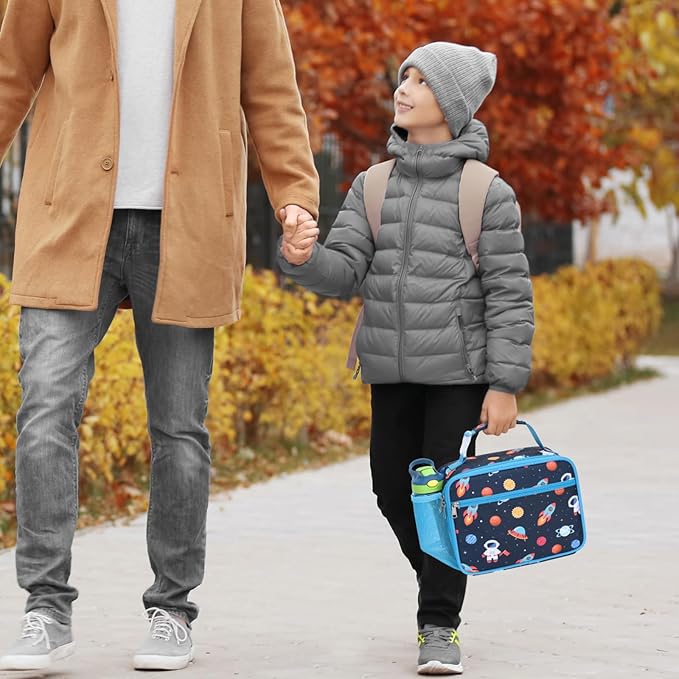 Bagseri Kids Lunch Bag Boys - Thermal Insulated Lunch Box Tote with Water Bottle Holder, Reusable Leak-Proof Kids Lunch Box for Daycare & School, Dark Blue Space Astronaut (Containers Not Included)