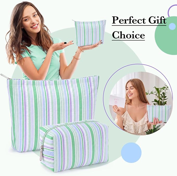 Huhumy 2 Pcs Striped Makeup Bag, Travel Toiletry Bag for Women, Aesthetic Cute Colorful Cosmetic Pouch, Seersucker Storage Organizer for Accessories, Essentials, Toiletries(Green Blue Purple)