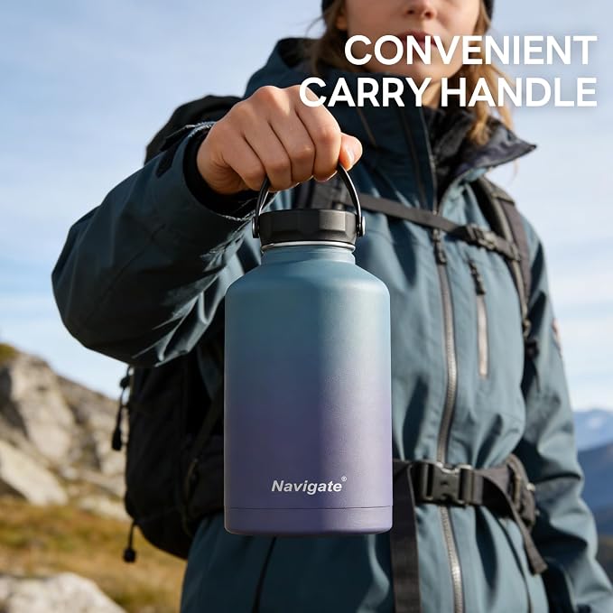 Navigate 64 oz Insulated Stainless Steel Sports Water Bottle with Spout & Handle Lids,Wide Mouth Water Jug with Double Walled Leak Proof Keep Cold for 24 Hrs Hot for 12 Hrs, Blue Gradient