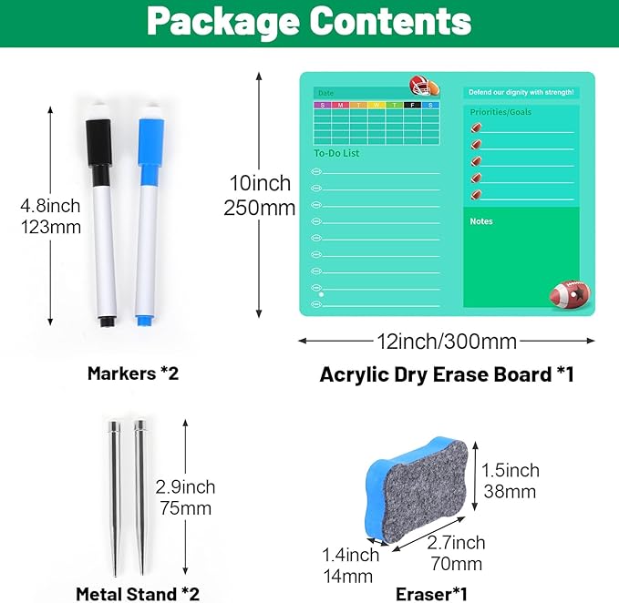 LeMotech Desktop Acrylic Dry Erase Board, 12x10 inches Weekly & to-Do List Planner, Tabletop Whiteboard with Stand, Office Supplies Includes 2 Markers & 1 Eraser, Green Football Pattern, 1 Pack