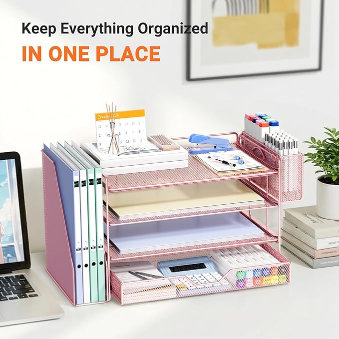 OPNICE 4-Tier Desk Organizer with Drawer & Pen Holder, Office Desk Accessories and Office Decor for Women, Paper Tray File Organizer for Home Office Workspace Supplies, Pink
