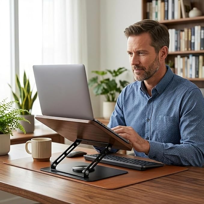 Premium Adjustable Bookstand for Desk - 360° Swivel Wooden Book Holder for Reading Hands Free, Heavy Duty Carbon Steel Textbook Stand, Portable Cookbook Holder for Kitchen Counter, Bible, Laptop