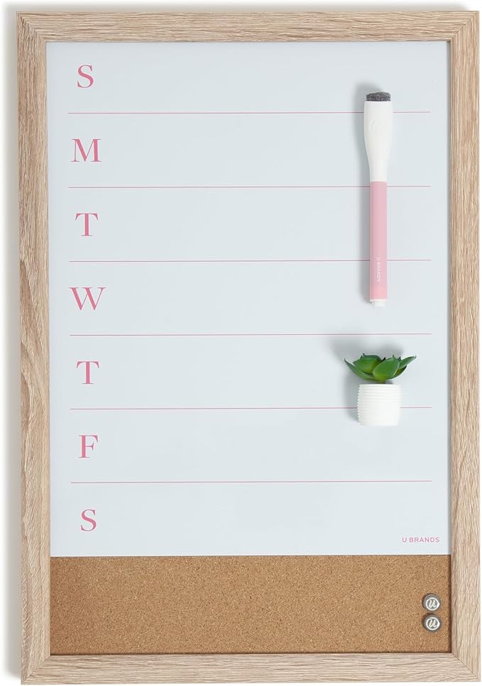 U Brands Framed Magnetic Weekly Dry Erase Calendar Combo Board, 16"x11", Wood Style Frame, Includes Magnetic Dry Erase Marker with Eraser Top, Succulent Magnet, and 2 Push Pins