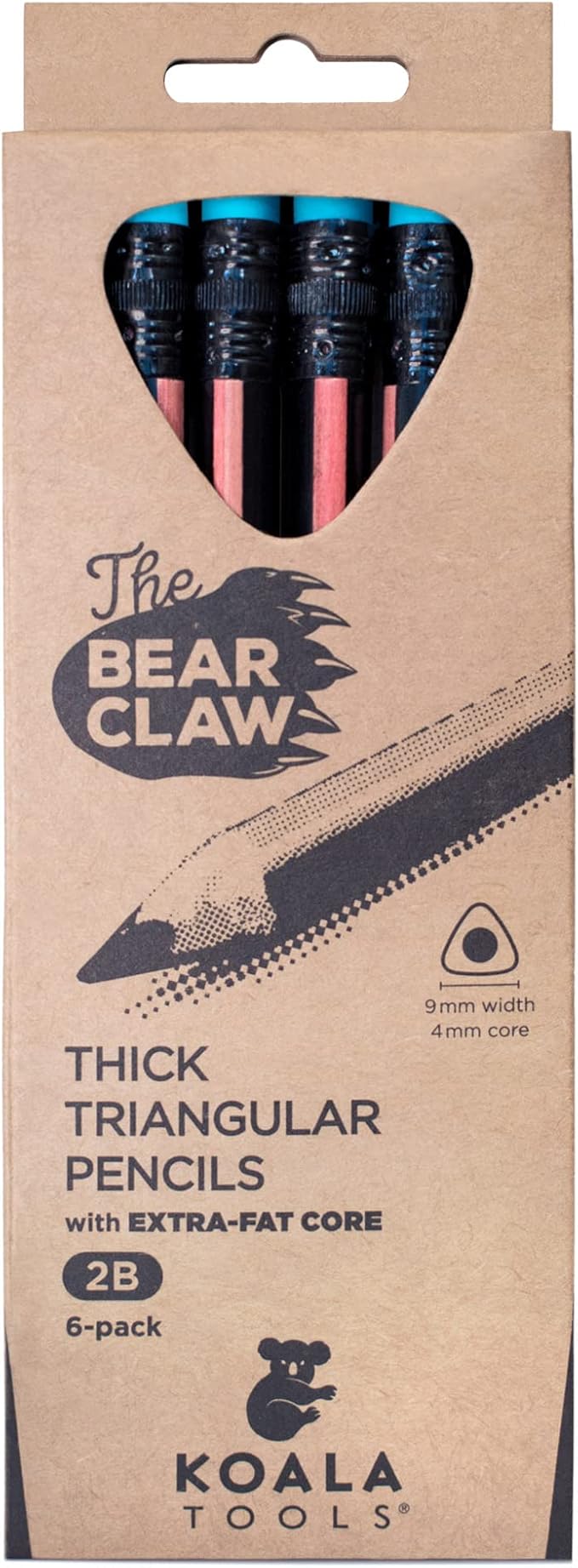 KOALA TOOLS | Bear Claw Pencils 1-Pack (6 Pencils) - Fat, Thick, Strong, Triangular Grip, Graphite, 2B Lead with Eraser - Suitable for Kids, Art, Drawing, Drafting, Sketching & Shading