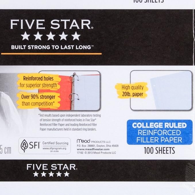 Five Star 17010 Reinforced Filler Paper, 20lb, College Rule, 11 x 8 1/2, White, 100 Sheets