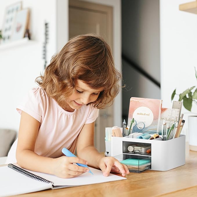 Cayxenful Pencil Pen Holder for Desk,2 Drawer Desk Organizers,5 Compartments Desktop Storage Stationery Supplies Organizer, Cute Pencil Cup Pot For Office, School, Home(White)