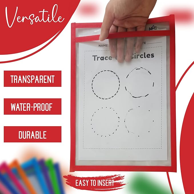 6 Packs Oversized Dry Erase Pockets Sleeves Reusable - 10x14 Dry Erase Sheets Ticket Holders 6 Assorted Colors with Binder Ring, Clear Plastic Sheet Protectors, Teacher School Classroom Supplies