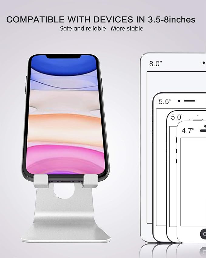 CreaDream Adjustable Cell Phone Stand, Phone Stand, Cradle, Dock, Holder, Aluminum Desktop Stand Compatible with Phone Xs Max Xr 8 7 6 6s Plus SE Charging, Accessories Desk,All Mobile Phones-Silver