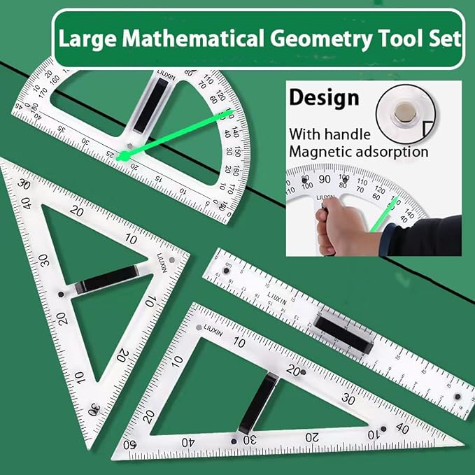 Magnetic Geometry Tool Set Clear Drafting Tools Mathematics Protractor, Triangular Scale Ruler Math Classroom Teaching Measurement Set Oversized Ruler (Transparent 3-Piece Set)