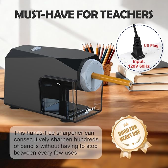 AFMAT Electric Pencil Sharpener, Fast & Hands-Free, 10K+ Uses, 5 Nibs, Fully Automatic Pencil Sharpener for Classroom, Heavy Duty Sharpeners for No.2/Jumbo/Colored Pencils (φ6.5-10.5mm) US Plug(120V)