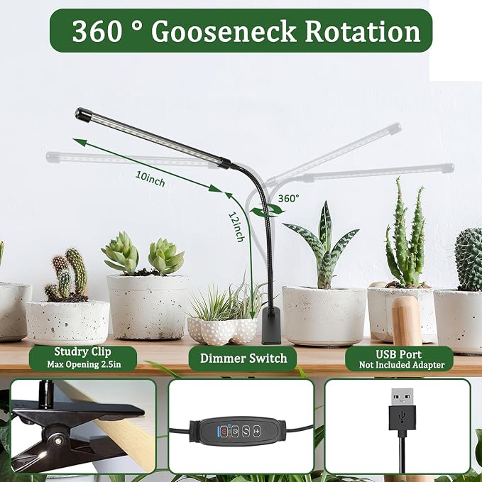 Grow Lights for Indoor Plants 20LED,Indoor Plant Growing Lights Auto ON/Off | 3/9/12H Timer,Clip on Plant Grow Light Strips,Full Spectrum,for Seed Starting/Succulent,9 Dimmable Level,3 Light Modde,2Packs