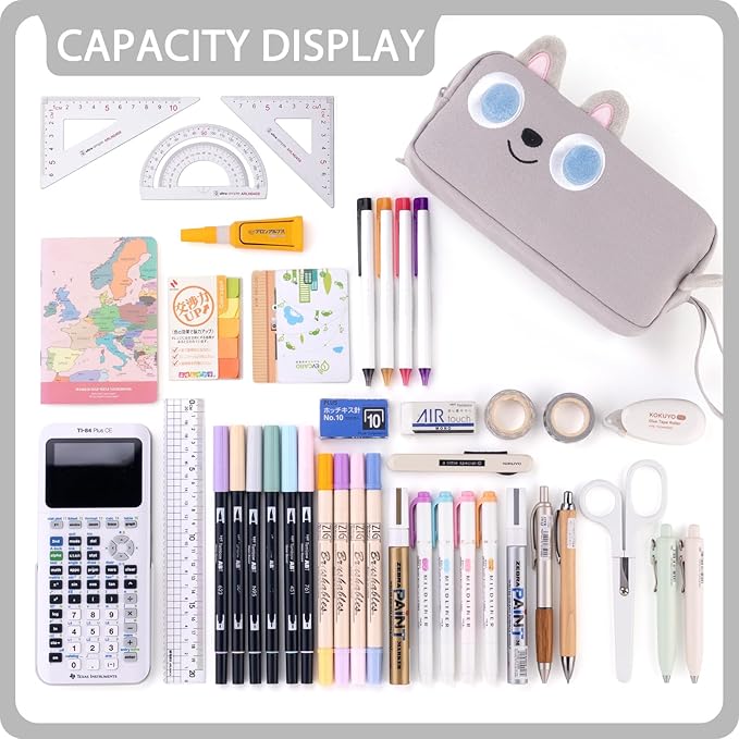 CICIMELON Cartoon Pencil Case, Large Capacity Pen Pouch with Embroidered Animal Design, School Supplies Bag for Kids, Teens, Students (Gray Dog)