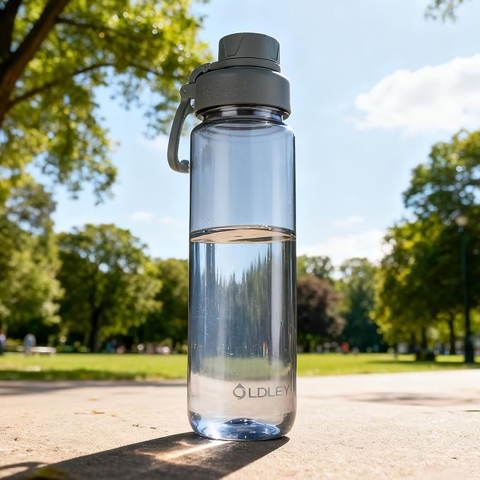 OLDLEY 32 oz Water Bottle, Sports Tritan Water Bottle with Carry Handle and Spout Lid, Leakproof & BPA Free Large Water Bottles for Home,Travel, School, Outdoors, Gym, Gray