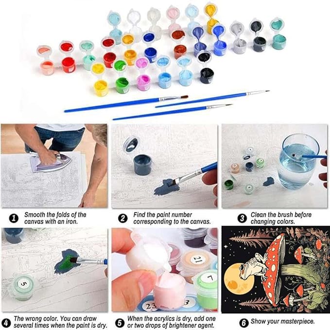 Mushroom Paint By Numbers Kit For Adults, Country Night Paint By Number Kits For Beginner Frog Moon Acrylic On Canvas Diy Oil Painting Kit Adults' Paint-By-Number For Gift Home Wall Decor 16x20 Inch