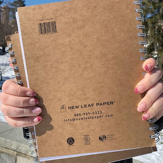 Case of 24, Small Spiral Bound Notebooks, Sustainability Designed, 9.75”x 7.5", 70 sheets (140 pages) 100% Recycled College Ruled Pages,4 Cover Designs,White,12601cs