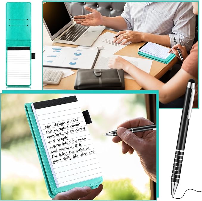 Outus 10 Pcs Mini Pocket Notepad Holder Set Included Small Leather Pocket Notebook Holder with 50 Lined Sheets, Metal Pen, 8 Pcs 3 x 5 Inch Memo Book Refills, 30 Lined Paper Per Note Pad (Bright Blue)
