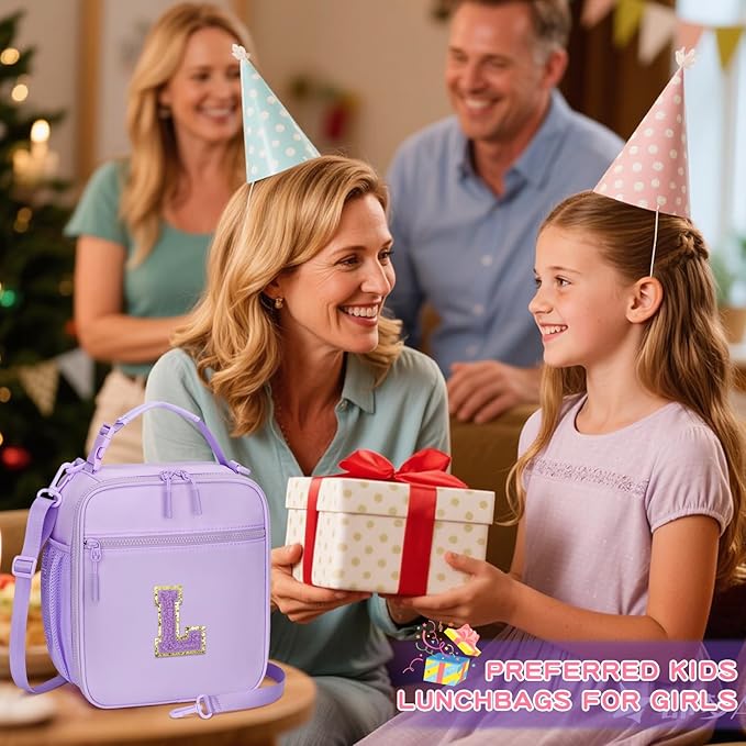 Initial Insulated Lunch Bag for Girls Kids, Back to School Gift, Reusable Leak-proof Lunch Box with Adjustable Strap for School Daycare Travel Picnic (Purple,L)
