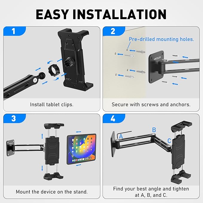 Urmust Tablet Wall Mount Holder for iPad, 360 Rotation Adjustable Stand with Aluminum Extendable Arm, Compatible with iPad mini/Air/Pro/Galaxy Tab/Kindle, All 4.7-15.6" Phones & Tablets