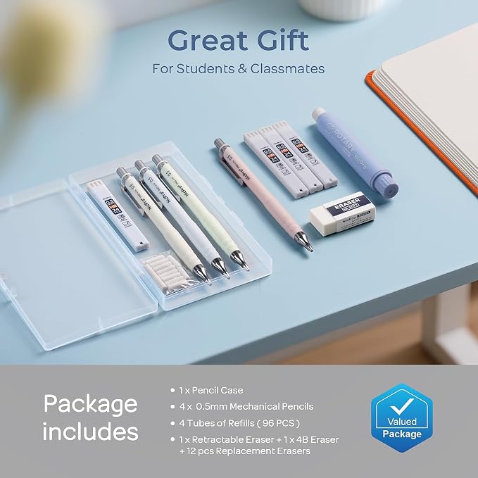Nicpro Cute Mechanical Pencil Set, 4PCS 0.5mm Pastel Drafting Pencils | 4 Tube HB Lead Refills, 4B Erasers, Rotary Retractable Eraser and Eraser Refill for Writing Sketching Back to School Supplies