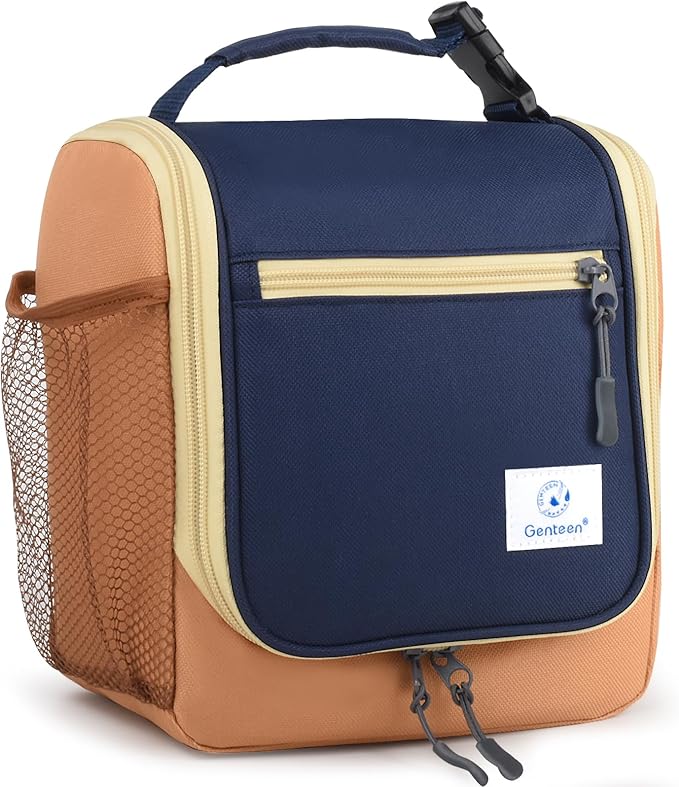 Genteen Kids Lunch Box, Insulated Lunch Bag for Kids, Toddler, Girl, and Boy; Holds Lunch Box, Water Bottle, & Snacks; Easy-Clean Water-Resistant Fabric & Multiple Zippered Pockets (Orange Blue)