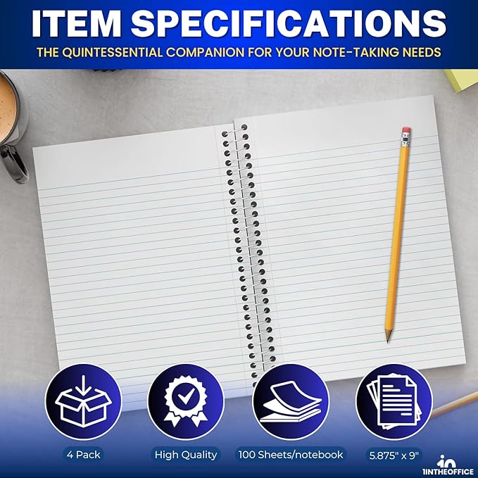 1InTheOffice Wirebound Spiral College Ruled Notebook 6 x 9, 3 Subject Notepad, Kraft Cover, 100 Sheets, (4/Pack)