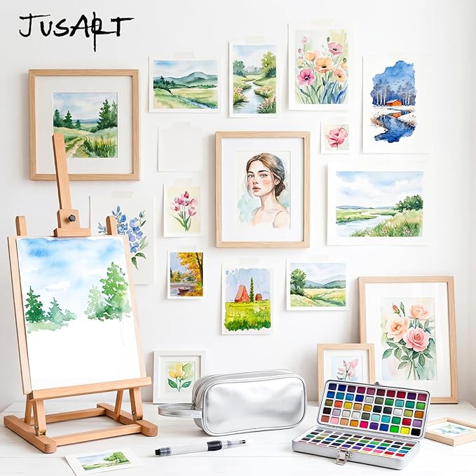 JusArt 100 Colors Watercolor Paint Set,Travel Watercolor Set with Handbag,Art Supplies with Metallic Color, Detail Painting Brushes, Water Brush Pens, Portable Watercolor Supplies for Adult, Artists, Professionals